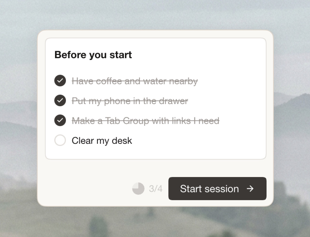 Pre-session ritual checklist